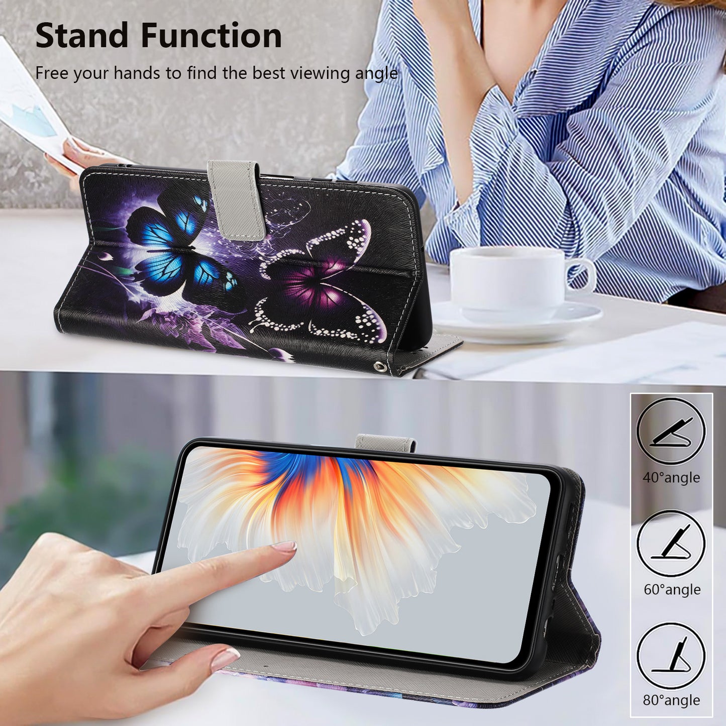 For Oppo Reno14 Pro 5G (China) / Oppo Reno14 Pro 5G (Global) Wallet Case Pattern Printing PU Leather Phone Cover with Lanyard - Two Butterflies