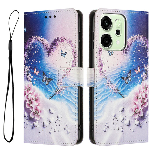For Oppo Reno14 Pro 5G (China) / Oppo Reno14 Pro 5G (Global) Wallet Case Pattern Printing PU Leather Phone Cover with Lanyard - Heart Butterfly