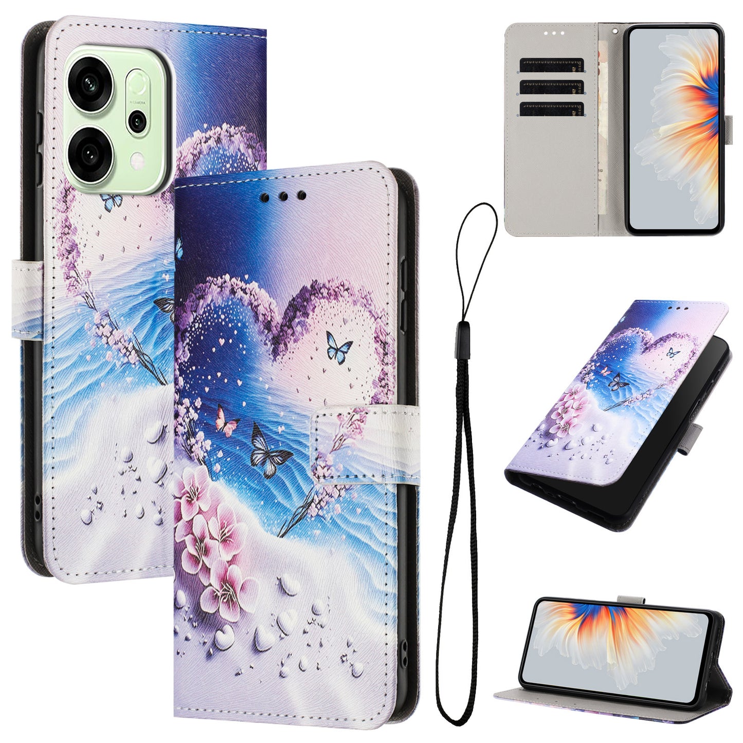 For Oppo Reno14 Pro 5G (China) / Oppo Reno14 Pro 5G (Global) Wallet Case Pattern Printing PU Leather Phone Cover with Lanyard - Heart Butterfly