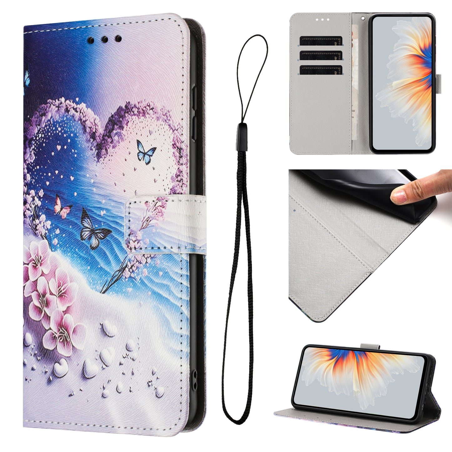 For Oppo Reno14 Pro 5G (China) / Oppo Reno14 Pro 5G (Global) Wallet Case Pattern Printing PU Leather Phone Cover with Lanyard - Heart Butterfly