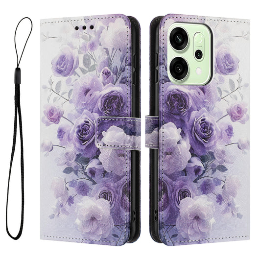 For Oppo Reno14 Pro 5G (China) / Oppo Reno14 Pro 5G (Global) Wallet Case Pattern Printing PU Leather Phone Cover with Lanyard - Purple Rose