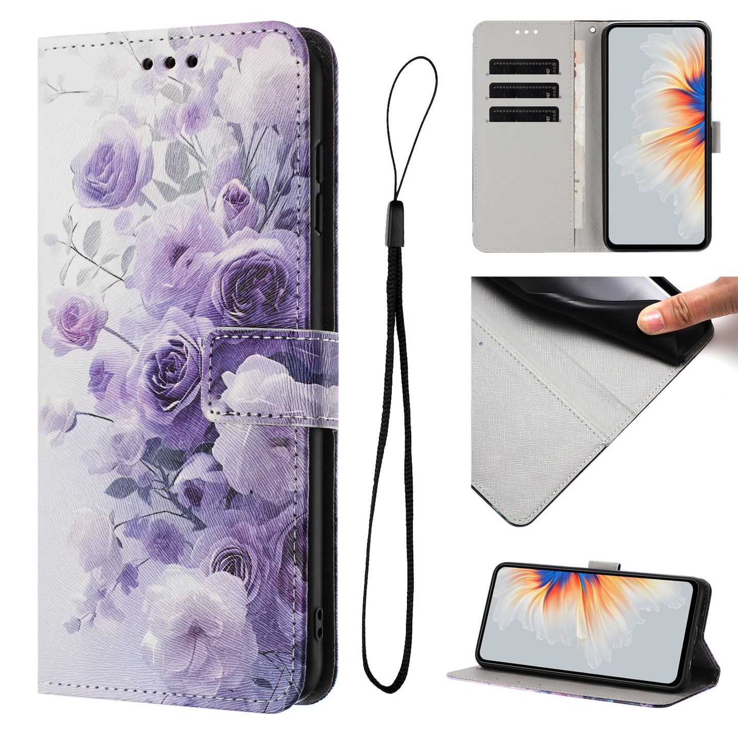 For Oppo Reno14 Pro 5G (China) / Oppo Reno14 Pro 5G (Global) Wallet Case Pattern Printing PU Leather Phone Cover with Lanyard - Purple Rose