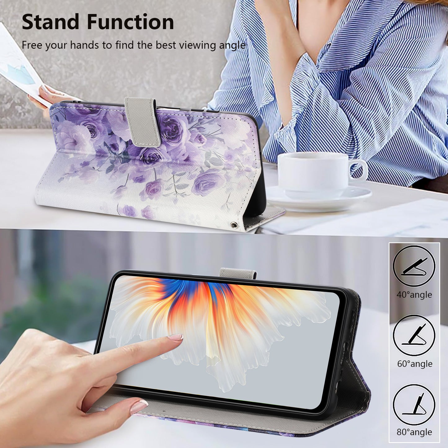 For Oppo Reno14 Pro 5G (China) / Oppo Reno14 Pro 5G (Global) Wallet Case Pattern Printing PU Leather Phone Cover with Lanyard - Purple Rose