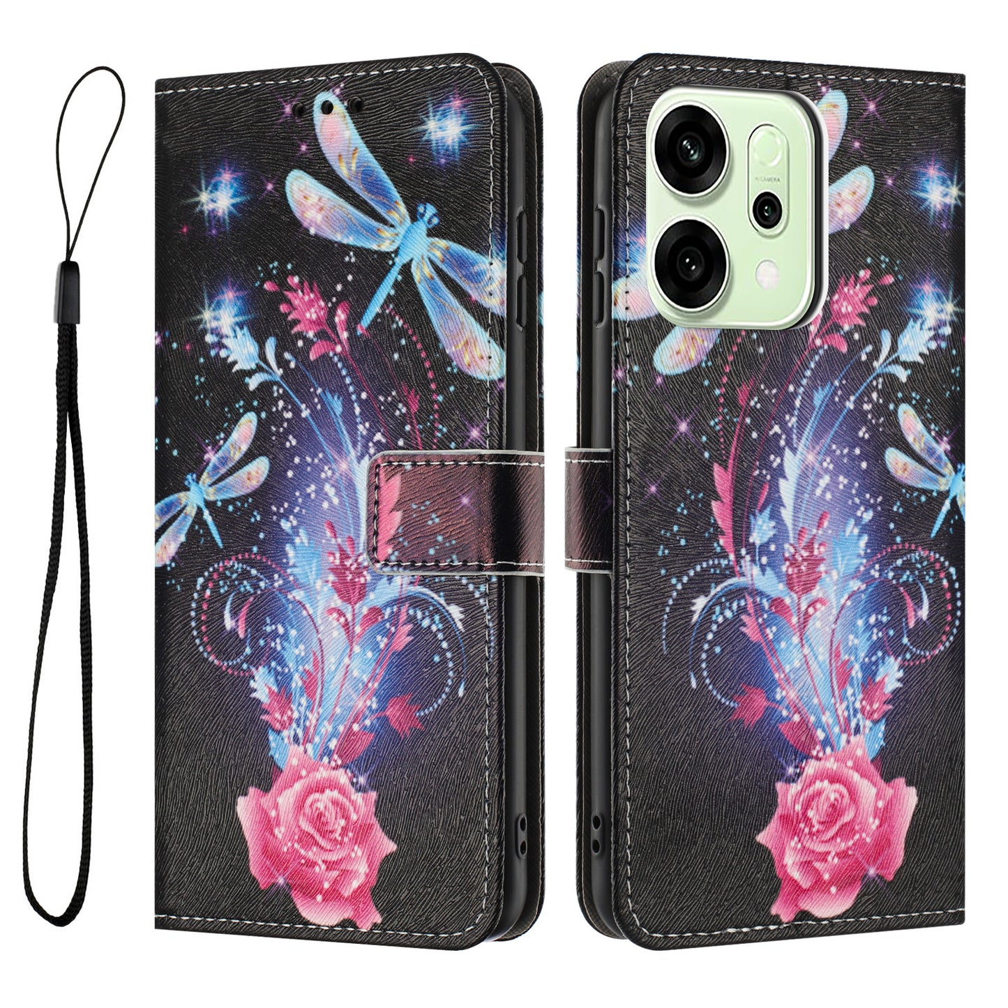 For Oppo Reno14 Pro 5G (China) / Oppo Reno14 Pro 5G (Global) Wallet Case Pattern Printing PU Leather Phone Cover with Lanyard - Dragonfly