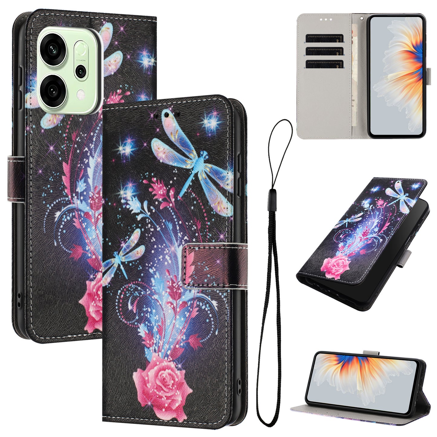 For Oppo Reno14 Pro 5G (China) / Oppo Reno14 Pro 5G (Global) Wallet Case Pattern Printing PU Leather Phone Cover with Lanyard - Dragonfly
