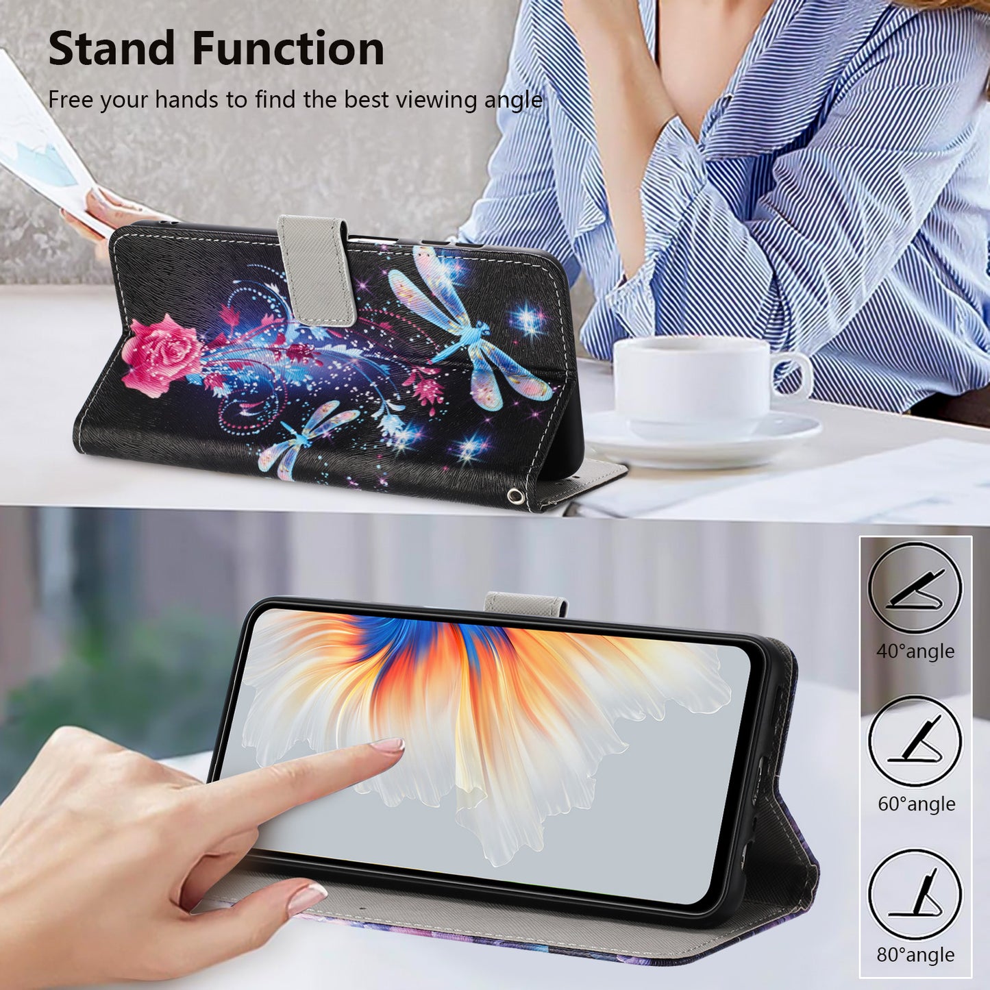 For Oppo Reno14 Pro 5G (China) / Oppo Reno14 Pro 5G (Global) Wallet Case Pattern Printing PU Leather Phone Cover with Lanyard - Dragonfly