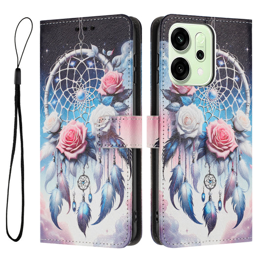 For Oppo Reno14 Pro 5G (China) / Oppo Reno14 Pro 5G (Global) Wallet Case Pattern Printing PU Leather Phone Cover with Lanyard - Flower Wind Chime