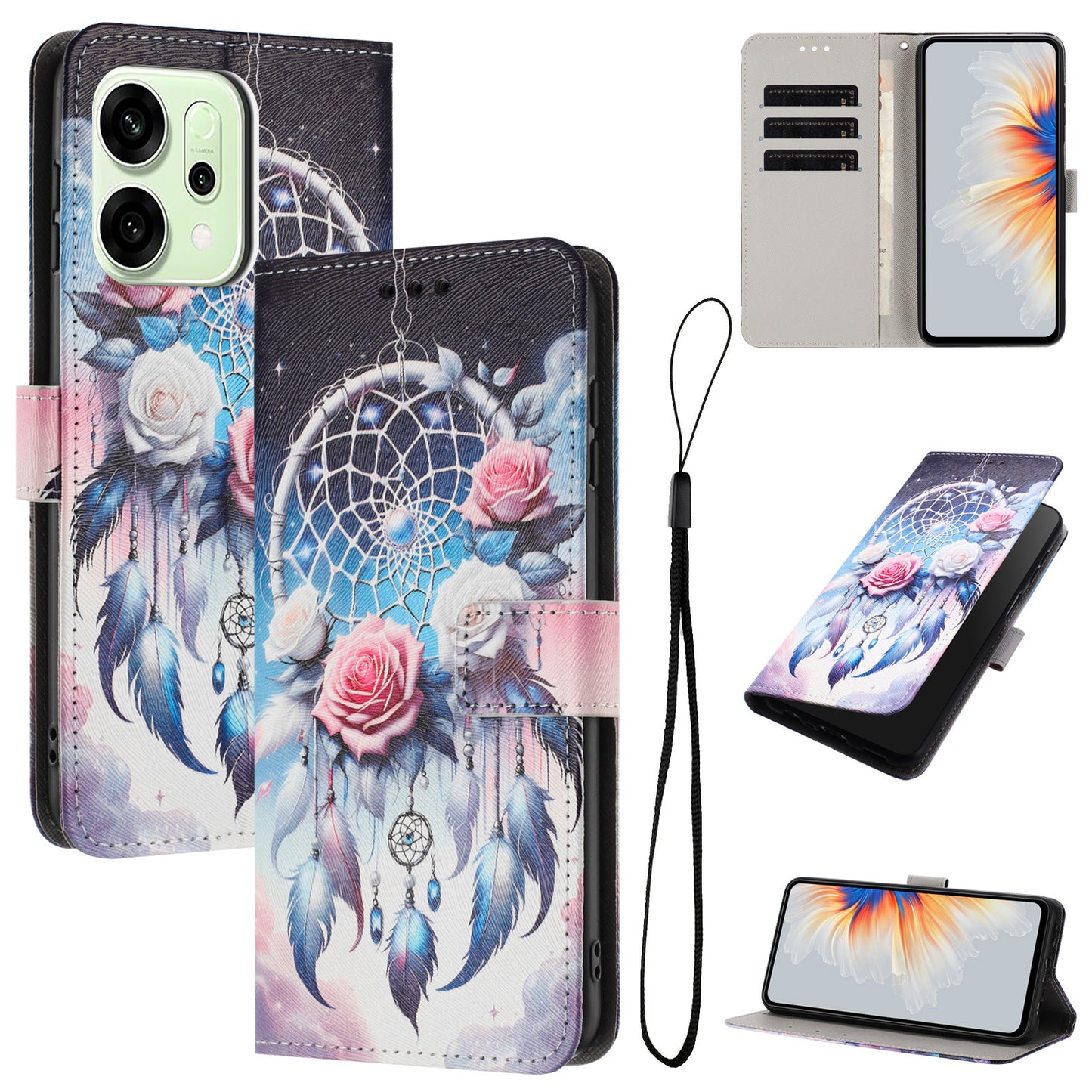 For Oppo Reno14 Pro 5G (China) / Oppo Reno14 Pro 5G (Global) Wallet Case Pattern Printing PU Leather Phone Cover with Lanyard - Flower Wind Chime