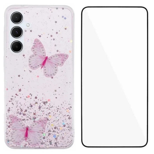 For Samsung Galaxy A17 5G TPU Case WANLONFENG AW Series PVC Butterfly Epoxy Phone Cover with HD Film - Pink