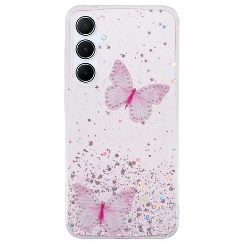For Samsung Galaxy A17 5G TPU Case WANLONFENG AW Series PVC Butterfly Epoxy Phone Cover with HD Film - Pink