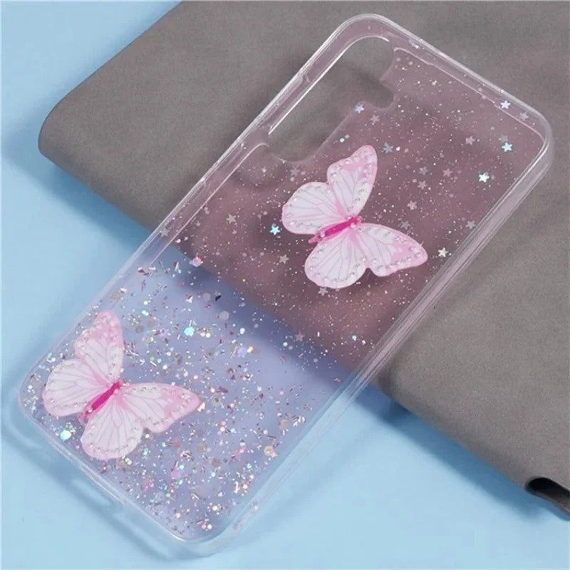 For Samsung Galaxy A17 5G TPU Case WANLONFENG AW Series PVC Butterfly Epoxy Phone Cover with HD Film - Pink