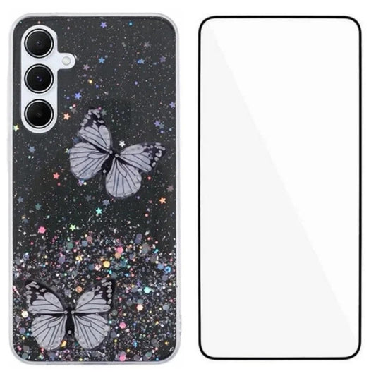 For Samsung Galaxy A17 5G TPU Case WANLONFENG AW Series PVC Butterfly Epoxy Phone Cover with HD Film - Black