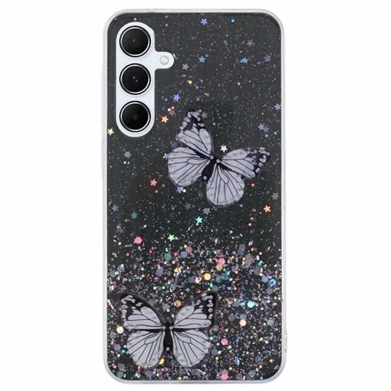 For Samsung Galaxy A17 5G TPU Case WANLONFENG AW Series PVC Butterfly Epoxy Phone Cover with HD Film - Black