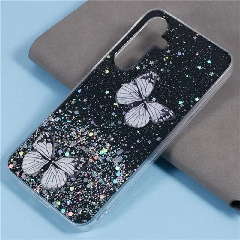 For Samsung Galaxy A17 5G TPU Case WANLONFENG AW Series PVC Butterfly Epoxy Phone Cover with HD Film - Black