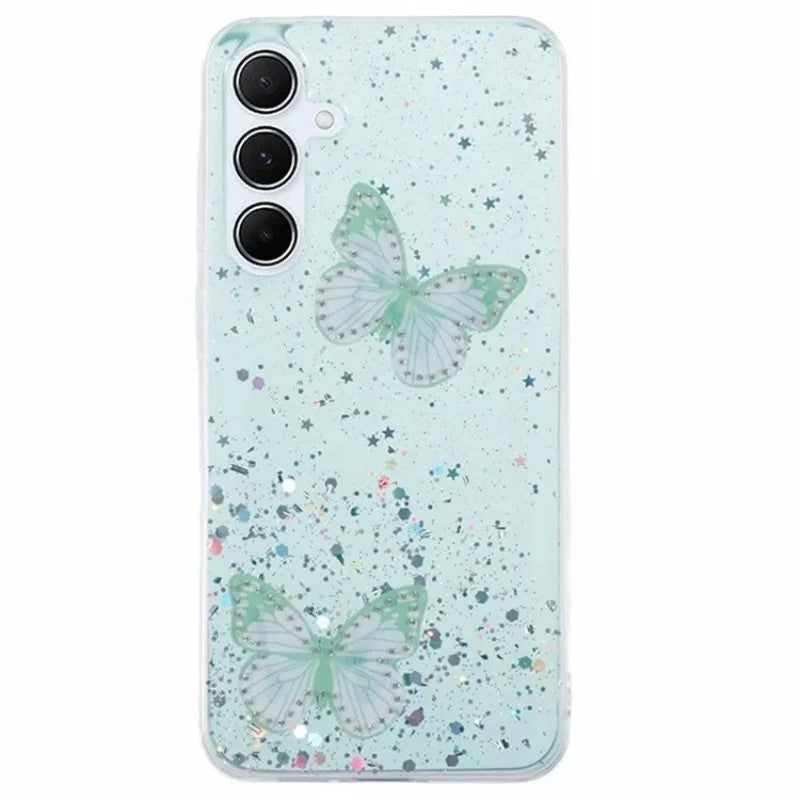 For Samsung Galaxy A17 5G TPU Case WANLONFENG AW Series PVC Butterfly Epoxy Phone Cover with HD Film - Green