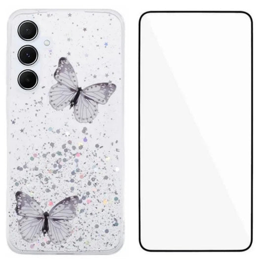 For Samsung Galaxy A17 5G TPU Case WANLONFENG AW Series PVC Butterfly Epoxy Phone Cover with HD Film - White