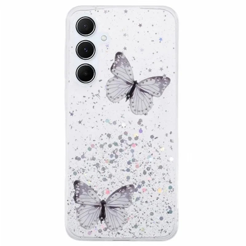 For Samsung Galaxy A17 5G TPU Case WANLONFENG AW Series PVC Butterfly Epoxy Phone Cover with HD Film - White