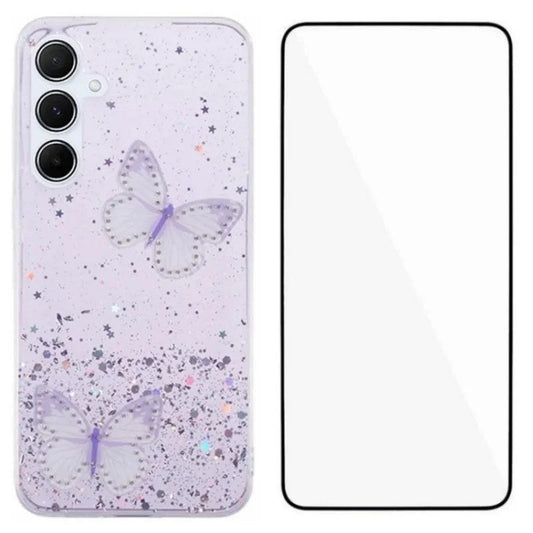 For Samsung Galaxy A17 5G TPU Case WANLONFENG AW Series PVC Butterfly Epoxy Phone Cover with HD Film - Purple