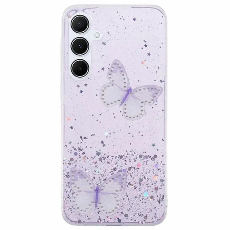 For Samsung Galaxy A17 5G TPU Case WANLONFENG AW Series PVC Butterfly Epoxy Phone Cover with HD Film - Purple