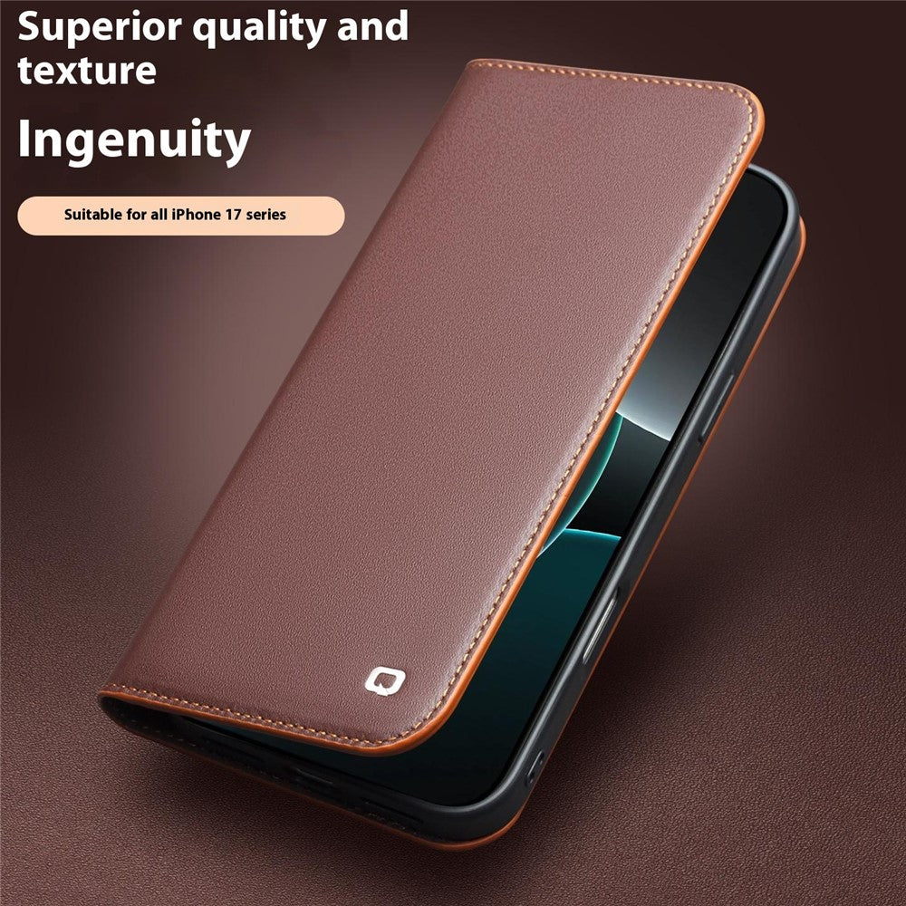 QIALINO For iPhone 17 Pro Max Case Wallet Flip Stand Phone Cover Genuine Cow Leather - Black