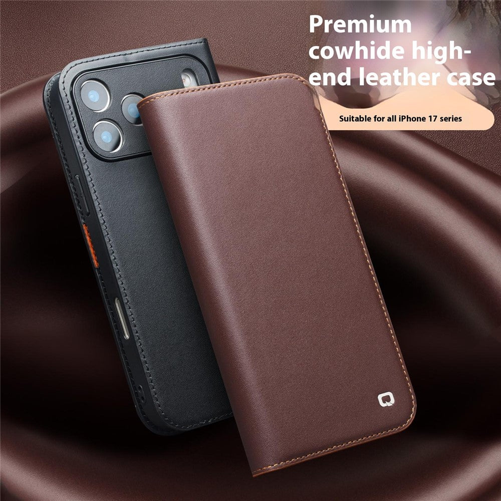 QIALINO For iPhone 17 Pro Max Case Wallet Flip Stand Phone Cover Genuine Cow Leather - Black
