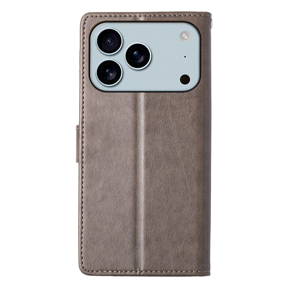 For iPhone 17 Pro Max Wallet Case Butterfly Floral Imprint PU Leather Phone Cover with Wrist Strap - Grey