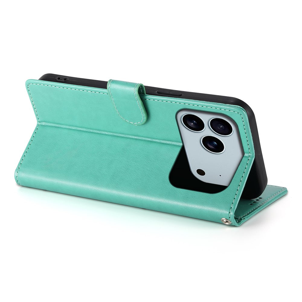 For iPhone 17 Pro Max Wallet Case Butterfly Floral Imprint PU Leather Phone Cover with Wrist Strap - Green