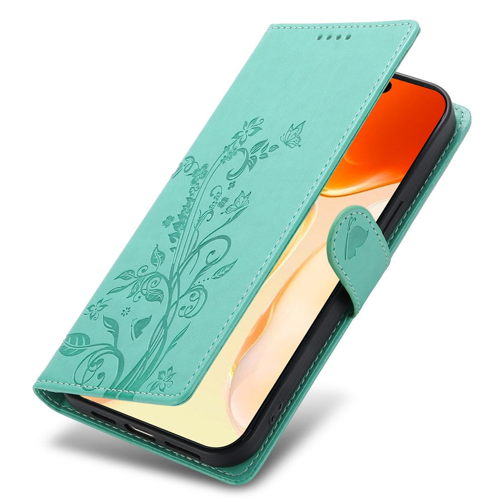 For iPhone 17 Pro Max Wallet Case Butterfly Floral Imprint PU Leather Phone Cover with Wrist Strap - Green