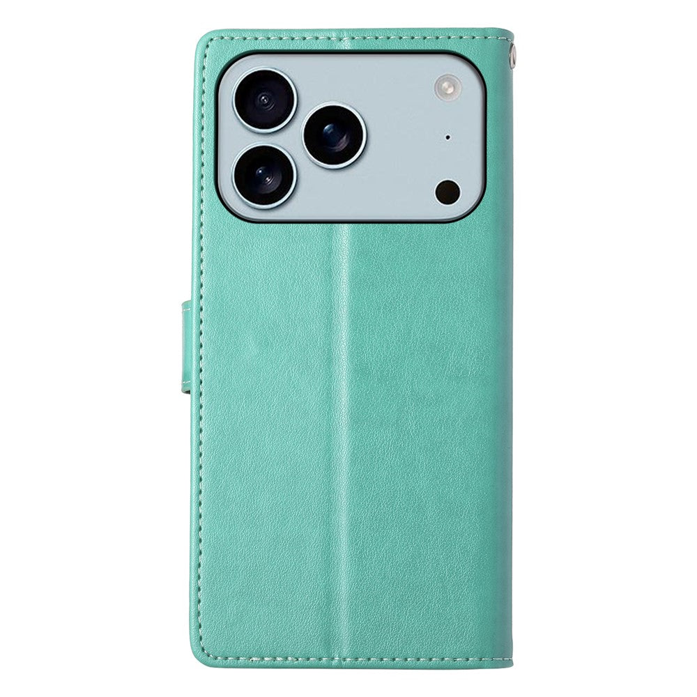 For iPhone 17 Pro Max Wallet Case Butterfly Floral Imprint PU Leather Phone Cover with Wrist Strap - Green