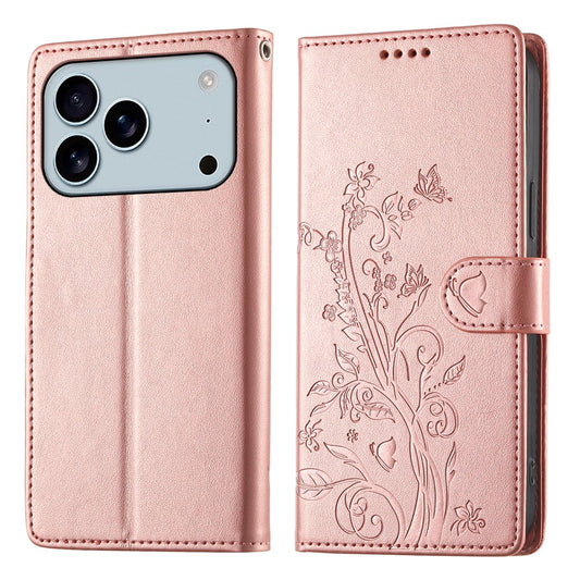 For iPhone 17 Pro Max Wallet Case Butterfly Floral Imprint PU Leather Phone Cover with Wrist Strap - Rose Gold
