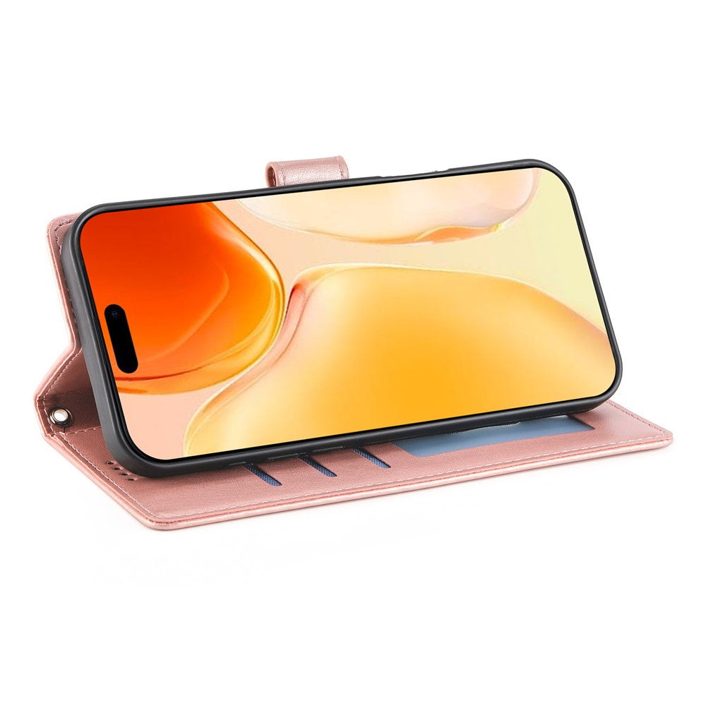 For iPhone 17 Pro Max Wallet Case Butterfly Floral Imprint PU Leather Phone Cover with Wrist Strap - Rose Gold