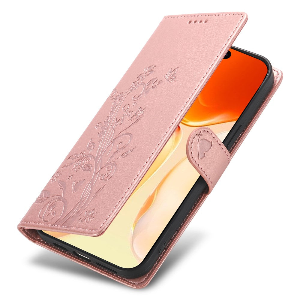 For iPhone 17 Pro Max Wallet Case Butterfly Floral Imprint PU Leather Phone Cover with Wrist Strap - Rose Gold
