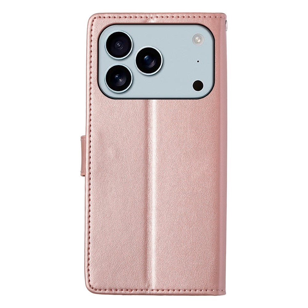 For iPhone 17 Pro Max Wallet Case Butterfly Floral Imprint PU Leather Phone Cover with Wrist Strap - Rose Gold