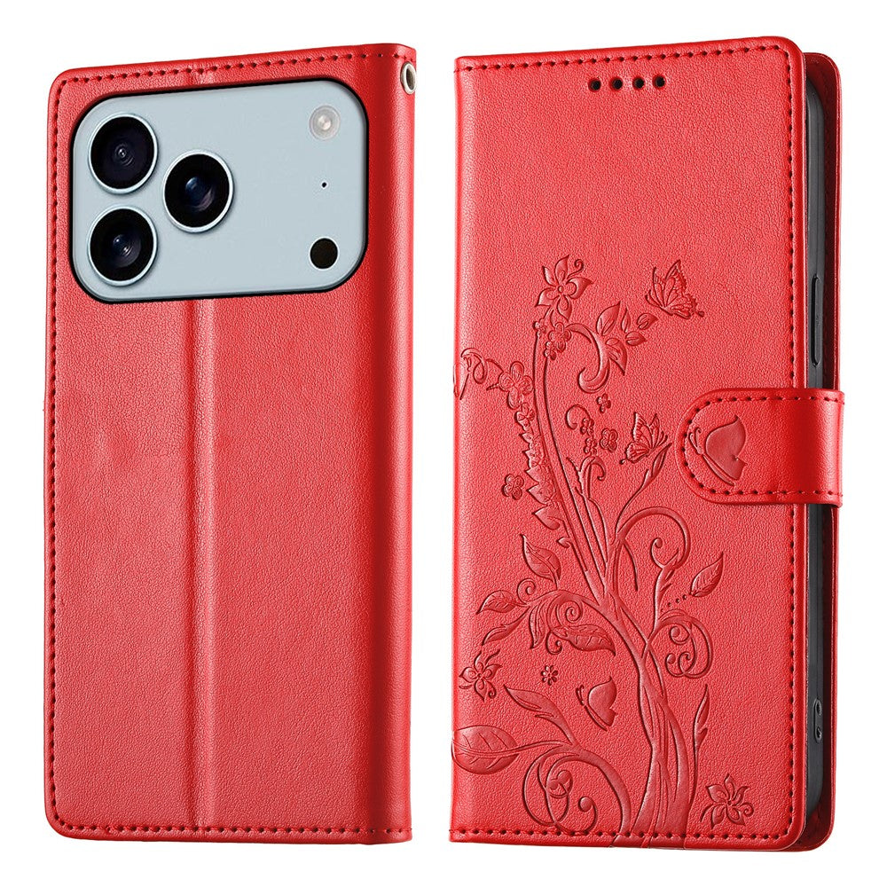 For iPhone 17 Pro Max Wallet Case Butterfly Floral Imprint PU Leather Phone Cover with Wrist Strap - Red