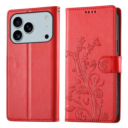 For iPhone 17 Pro Max Wallet Case Butterfly Floral Imprint PU Leather Phone Cover with Wrist Strap - Red