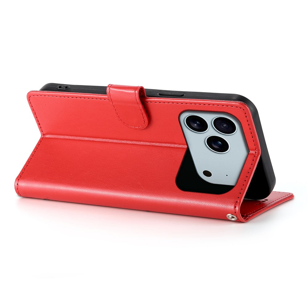 For iPhone 17 Pro Max Wallet Case Butterfly Floral Imprint PU Leather Phone Cover with Wrist Strap - Red