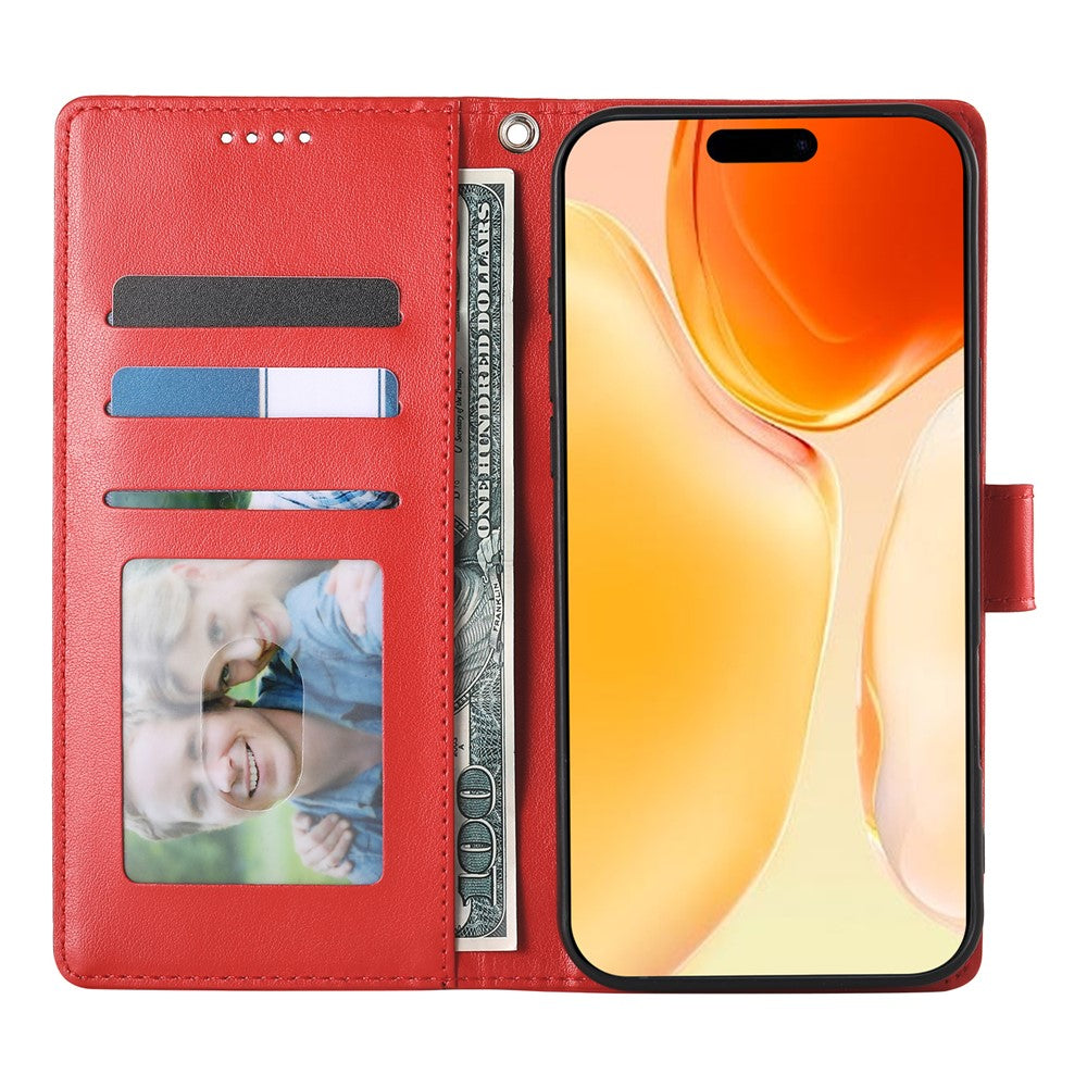 For iPhone 17 Pro Max Wallet Case Butterfly Floral Imprint PU Leather Phone Cover with Wrist Strap - Red