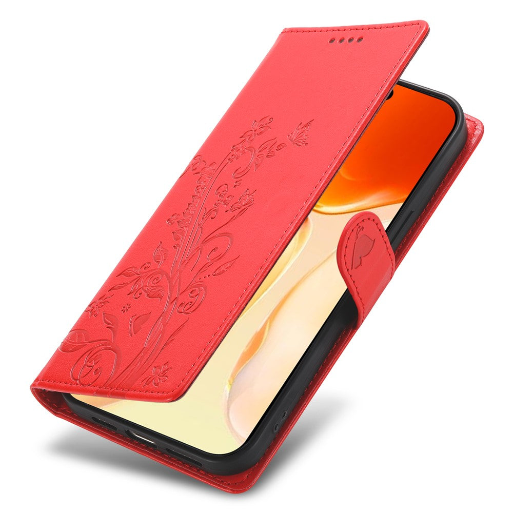 For iPhone 17 Pro Max Wallet Case Butterfly Floral Imprint PU Leather Phone Cover with Wrist Strap - Red