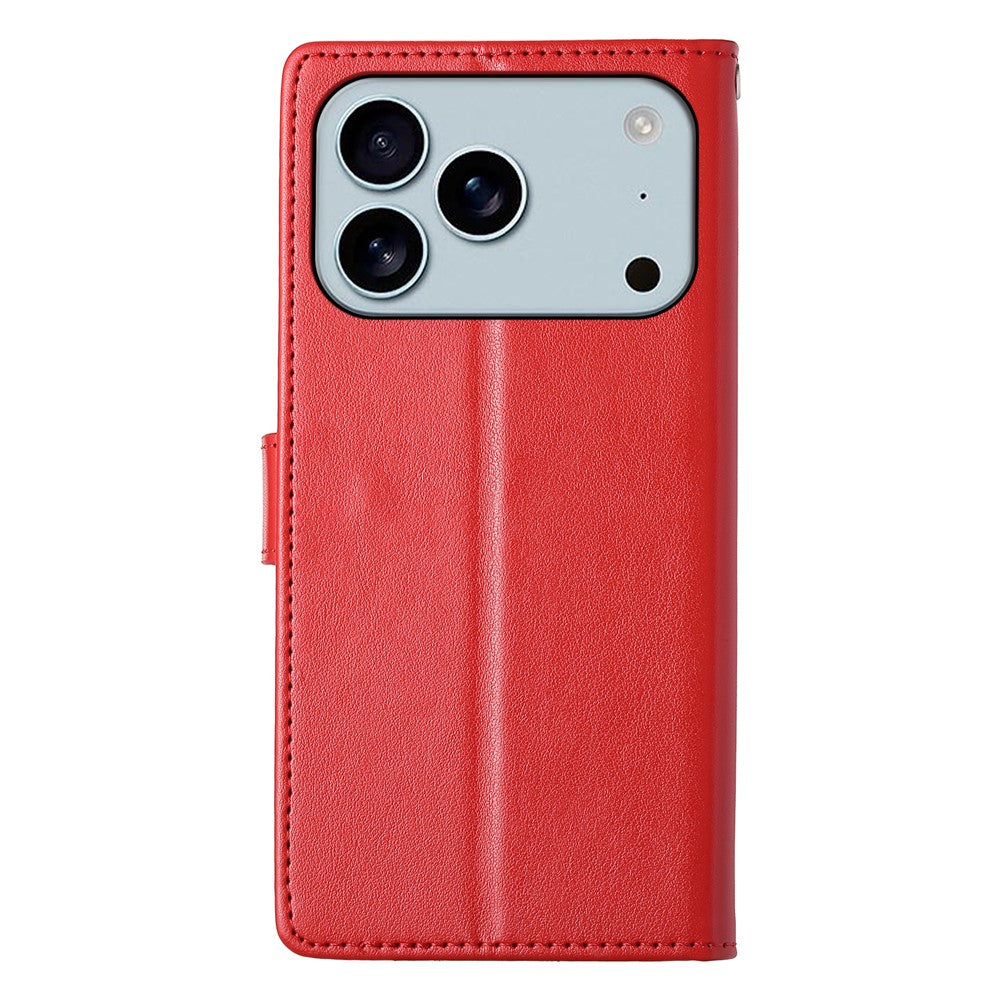 For iPhone 17 Pro Max Wallet Case Butterfly Floral Imprint PU Leather Phone Cover with Wrist Strap - Red