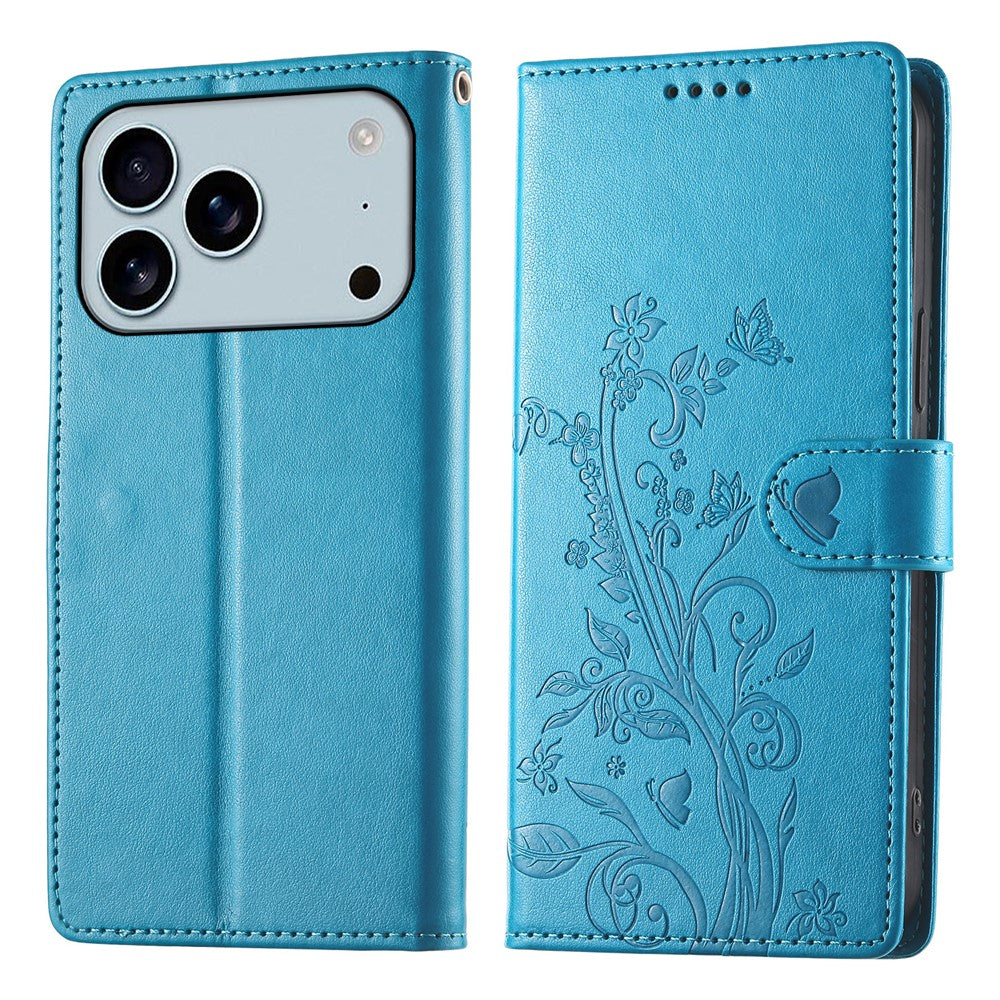 For iPhone 17 Pro Max Wallet Case Butterfly Floral Imprint PU Leather Phone Cover with Wrist Strap - Blue