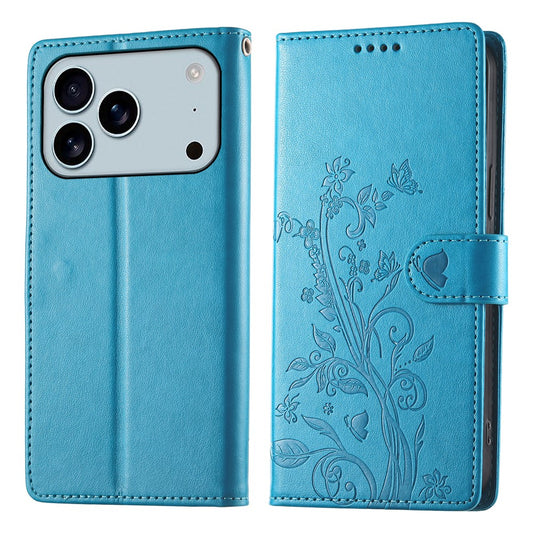 For iPhone 17 Pro Max Wallet Case Butterfly Floral Imprint PU Leather Phone Cover with Wrist Strap - Blue