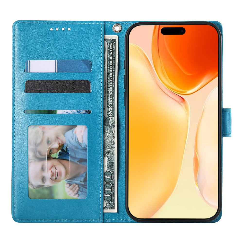 For iPhone 17 Pro Max Wallet Case Butterfly Floral Imprint PU Leather Phone Cover with Wrist Strap - Blue