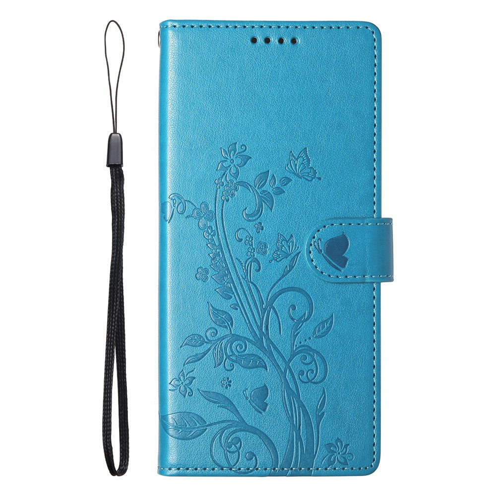 For iPhone 17 Pro Max Wallet Case Butterfly Floral Imprint PU Leather Phone Cover with Wrist Strap - Blue