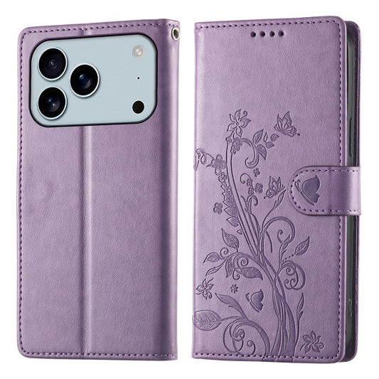 For iPhone 17 Pro Max Wallet Case Butterfly Floral Imprint PU Leather Phone Cover with Wrist Strap - Purple