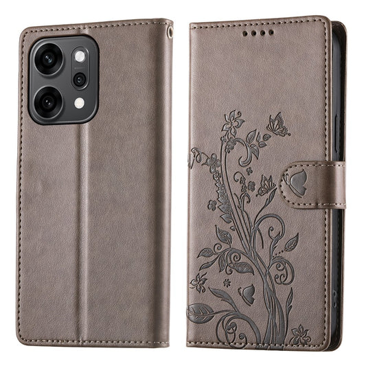 For Oppo Reno14 Pro 5G (Global) Wallet Case Butterfly Floral Imprint PU Leather Phone Cover with Wrist Strap - Grey