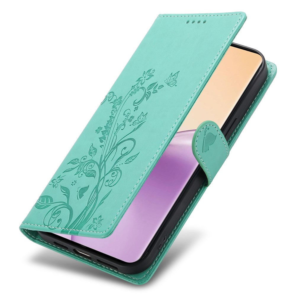 For Oppo Reno14 Pro 5G (Global) Wallet Case Butterfly Floral Imprint PU Leather Phone Cover with Wrist Strap - Green