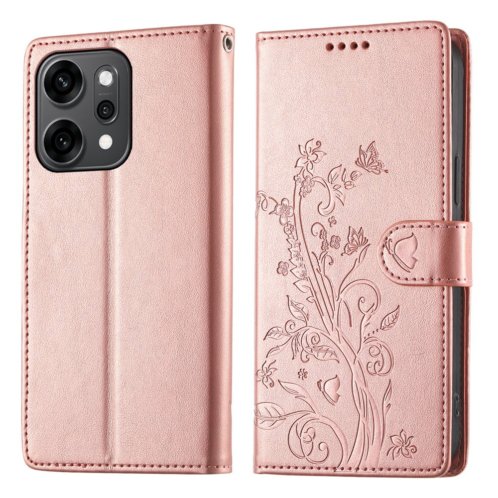 For Oppo Reno14 Pro 5G (Global) Wallet Case Butterfly Floral Imprint PU Leather Phone Cover with Wrist Strap - Rose Gold