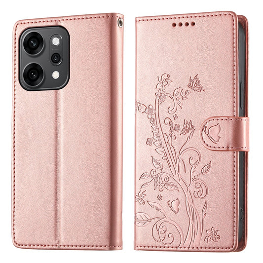 For Oppo Reno14 Pro 5G (Global) Wallet Case Butterfly Floral Imprint PU Leather Phone Cover with Wrist Strap - Rose Gold