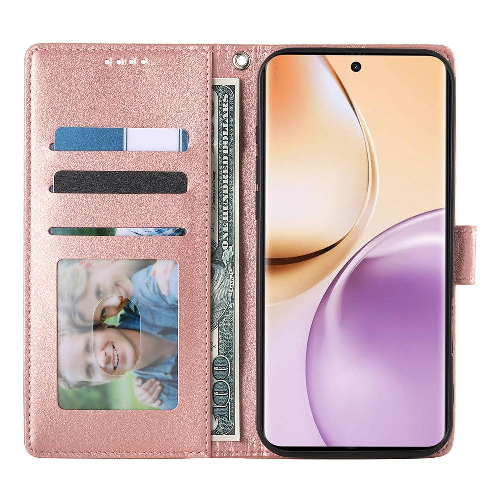 For Oppo Reno14 Pro 5G (Global) Wallet Case Butterfly Floral Imprint PU Leather Phone Cover with Wrist Strap - Rose Gold
