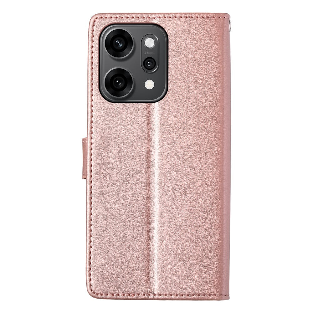 For Oppo Reno14 Pro 5G (Global) Wallet Case Butterfly Floral Imprint PU Leather Phone Cover with Wrist Strap - Rose Gold